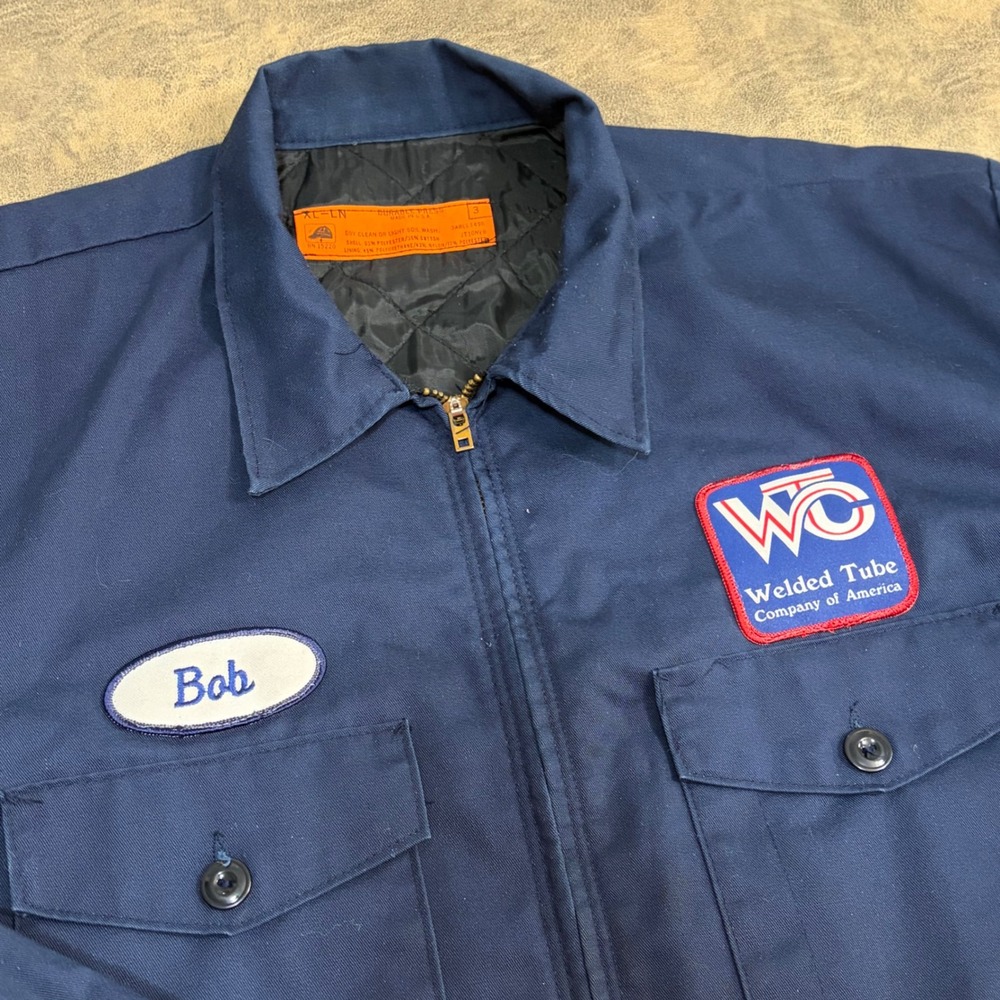 Red Kap Work Jacket Mens XL Navy Blue Welded Tube Co Patch Quilt Lined Bob
